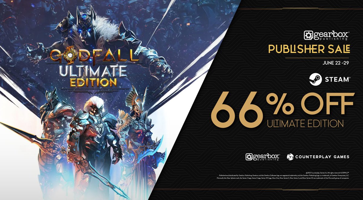 It's the Gearbox Publishing Sale!! 🔥

From June 22-29, get 66% off Godfall: Ultimate Edition. Your journey across the Realms begins now! 
 ⚔️store.steampowered.com/app/928960/God…