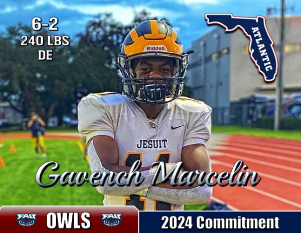 CONGRATS to 6-2 240 lbs ⭐⭐️⭐️⭐️  DE @GavenchMarcelin of @BelenAthletics on his commitment to @CoachTomHerman and the @FAUFootball Class of 2024! Chose #FAU over #Pitt, #Arizona, #Temple, and many others. WELCOME to Paradise Gavench! #FAU #TriCountyTakeover 🏖️ #GoOwls 🦉🏈