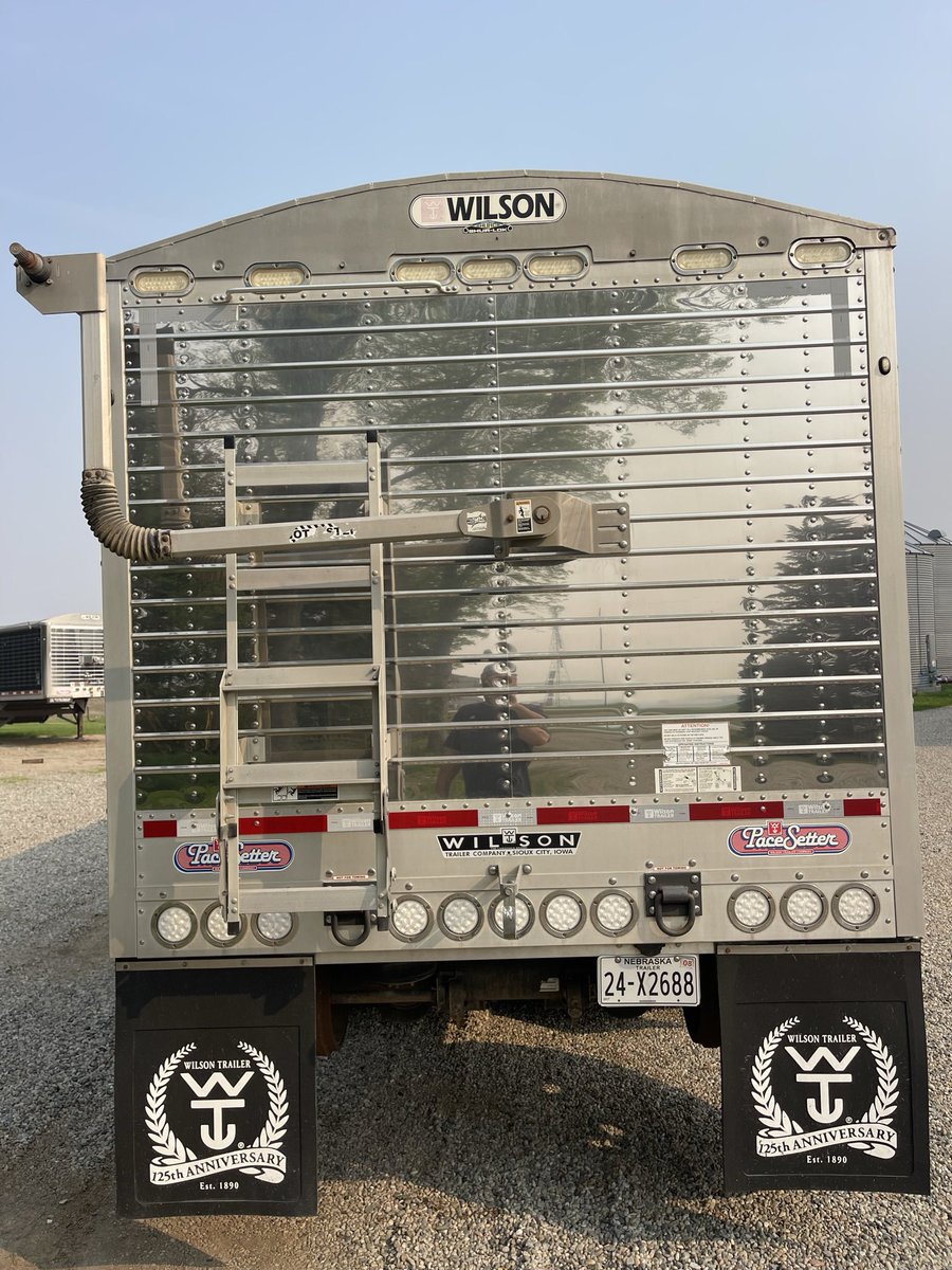 JGodbersen's tweet photo. 2016 Wilson triple axle grain trailer. Owned since new. Stainless front and rear. 2 rows of 9 lights. Extra lights on the rear post and rear facing. Electric tarp. Doesn’t get a lot of miles. 20-25k a year probably. Fresh polish. Can provide spec sheet. 60,500 OBO. RT appreciated https://t.co/sbFirLLMHr