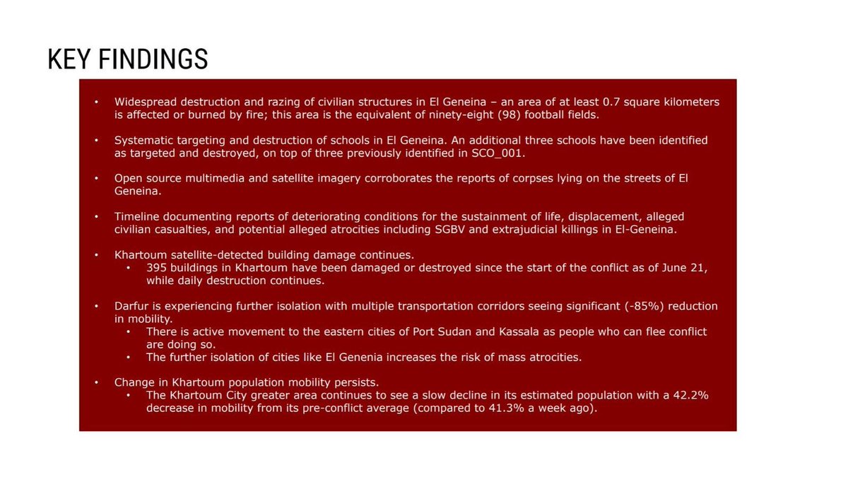 NEW: Sudan Sitrep 003 <a href="/HRL_YaleSPH/">Humanitarian Research Lab (HRL) at YSPH</a> #Sudan <a href="/ObserveConflict/">ObserveConflict</a> w/ <a href="/PlanetscapeAi/">PlanetScape Ai</a> find significant damage to El-Geneina. Satellite imagery analysis identifies coverings over corpses geolocated in ground footage

#SudanConflictObservatory #ConflictObservatory

sudan.conflictobservatory.org