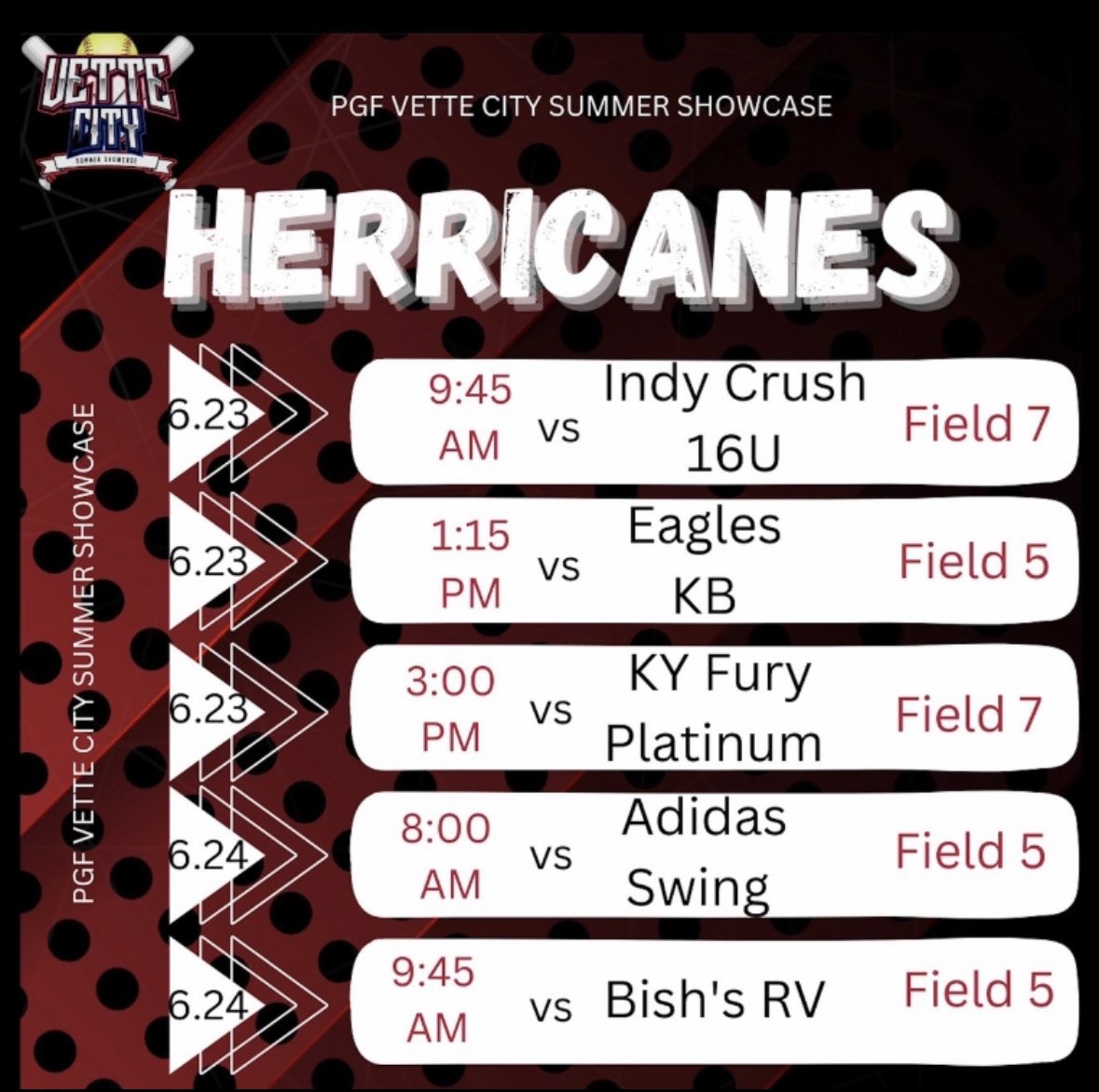 My schedule this weekend with the HERricanes 16u at Vette City Evansville.