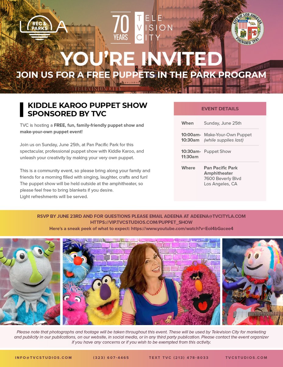 TVC is sponsoring a FREE puppet show and craft program at Pan Pacific Park this Sunday, June 25th at 10AM!