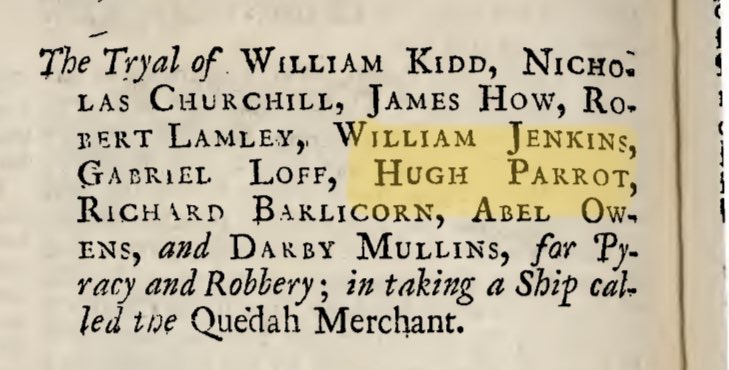 StedesRevenge's tweet image. #TIL that #pirate Captain William Kidd had a crew member named HUGH PARROT 🦜. On my top 5 list of best pirate names!