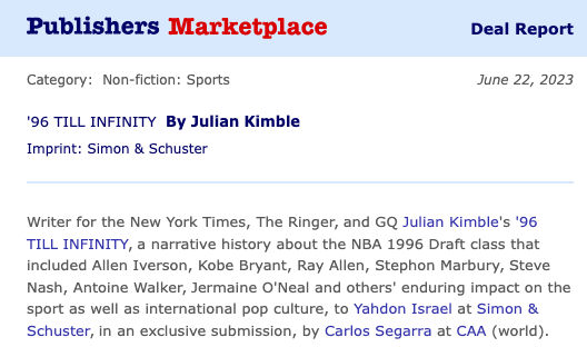 I had ~zero~ interest in writing a book, but this is a story I wanted to tell, so it's happening. Writing a lot of words about the '96 NBA Draft class's impact on the game and pop culture around the globe for @simonschuster.