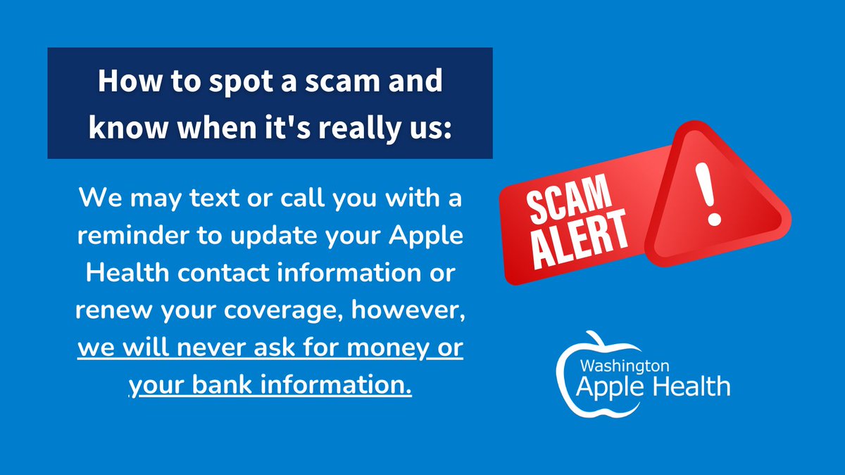 WA_Health_Care's tweet image. SCAM ALERT! Scammers are texting and calling clients claiming they must pay to renew their Medicaid coverage. We will never ask for money to enroll or re-enroll in Apple Health (Medicaid) coverage. Do not share banking or credit card information with anyone claiming to be us.