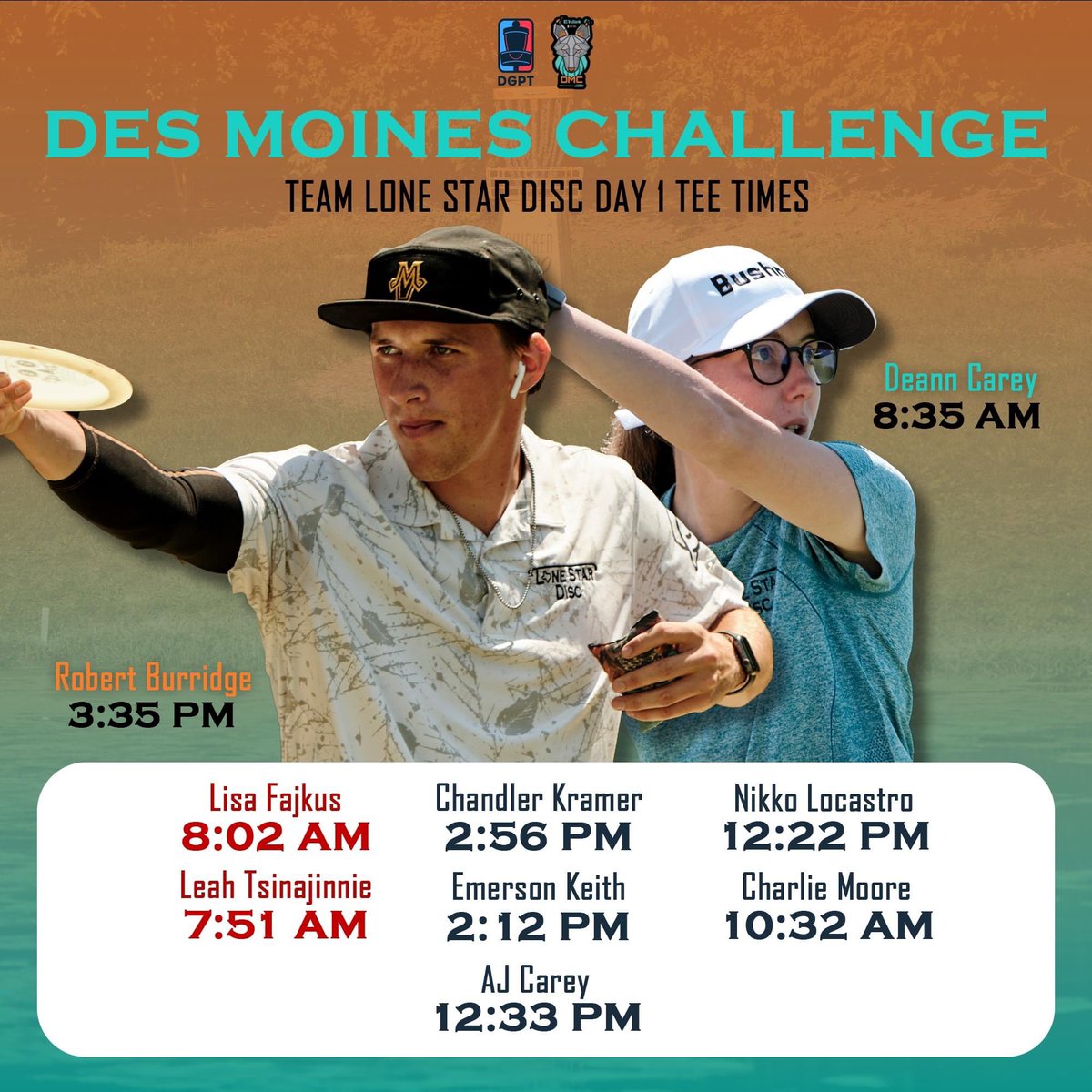 It's time for The 2023 TruBank Des Moines Challenge presented by Discraft. Here are your Tee Times for Team Lone Star Disc!

 #DGPT #PDGA #discgolflifestyle #TeamLoneStarDisc #discgolfeveryday #discgolfdaily #discgolfislife #discgolfing #LoneStarDisc #discgolfnation #discgolf