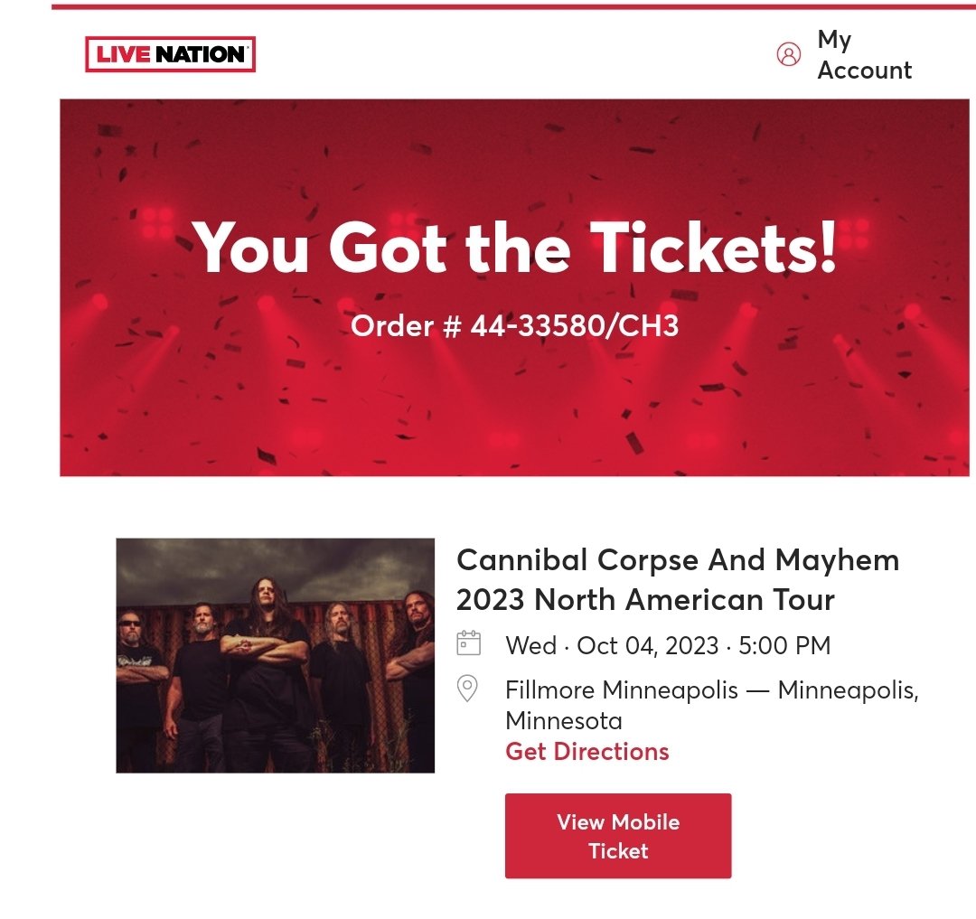 Cannibal Corpse tickets have been secured!! #cannibalcorpse #mayhem #bloodincantation #gorguts #deathmetal #blackmetal