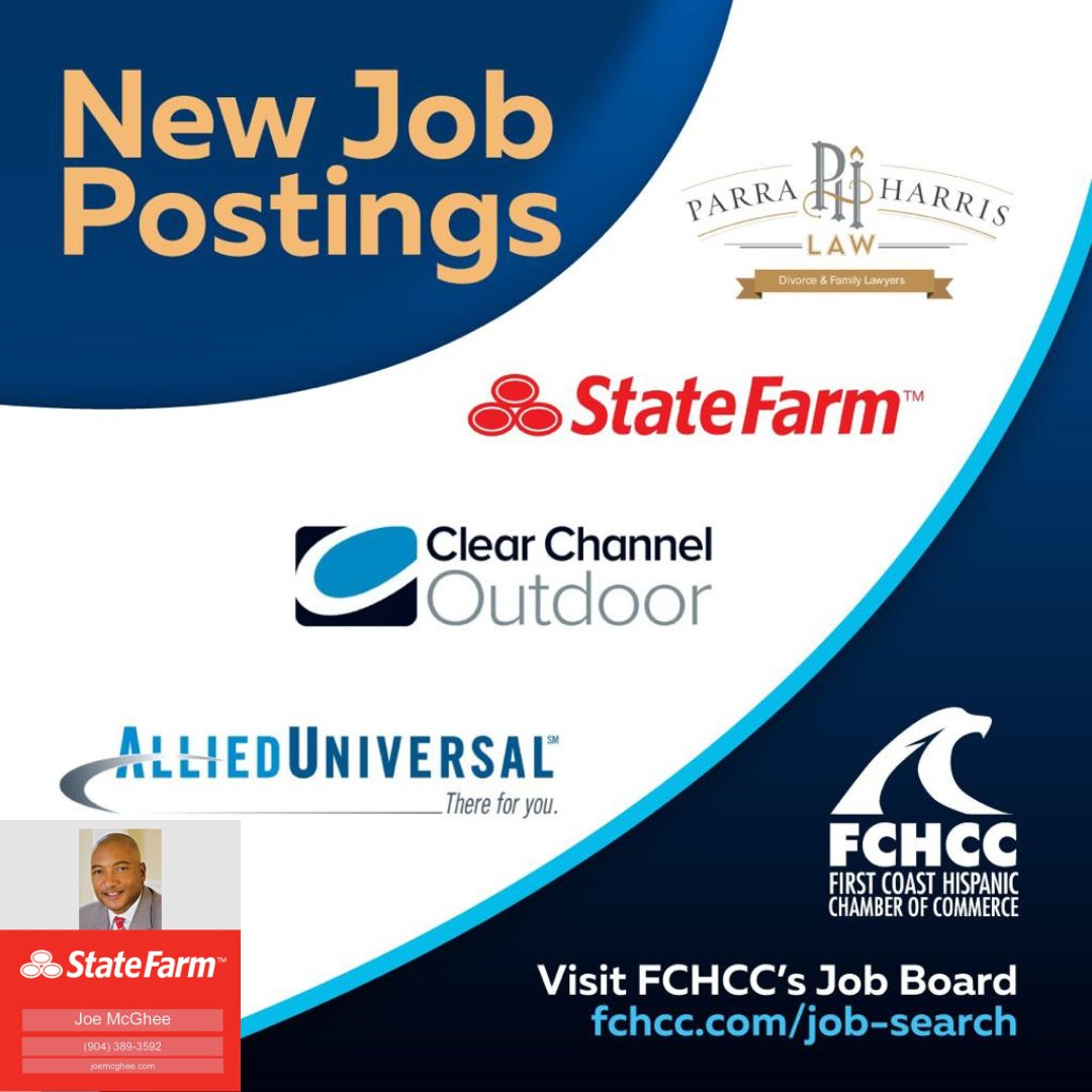 FCHCCflorida's tweet photo. We have more job postings now from
@jaxport, @AlliedUniversal, @CCOutdoorNA, Joe McGhee State Farm Insurance & @parraharrislaw
! Visit the Jobs Board → https://t.co/Ux7wlDmhw4
#fchcc #fchccjobs #ourchamberisyourchamber https://t.co/L0f6wXg0yR