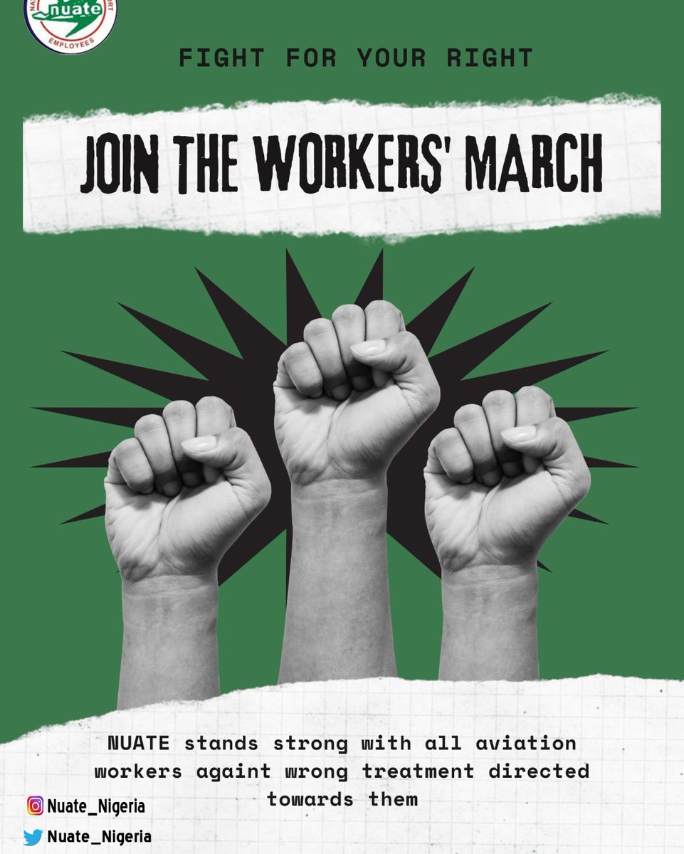 Nuate_Nigeria's tweet photo. ⭕ Solidarity Forever 💪

We stand strong against injustice and unfair treatment of all aviation sector workers.

⭕ Together, we drive the campaign for PROGRESSIVE CHANGE!!

#NUATE #SafeWorkingConditions #EndExploitation #Solidarity #WorkersRights #EndExploitation  #AirTravel https://t.co/YLes8Yuv7F