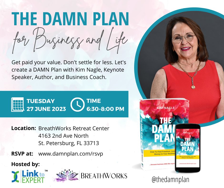 Lets create DAMN PLAN together with Author Kim Nagle visiting from Minneapolis, Tuesday 6/27 @ 6:30 pm at BreathWorks Retreat Center. It will be an insightful fun evening. Reply with your RSVP here: buff.ly/3NKUMaH! 

#LinktoEXPERT #BreathWorks  #TheDamnPlan