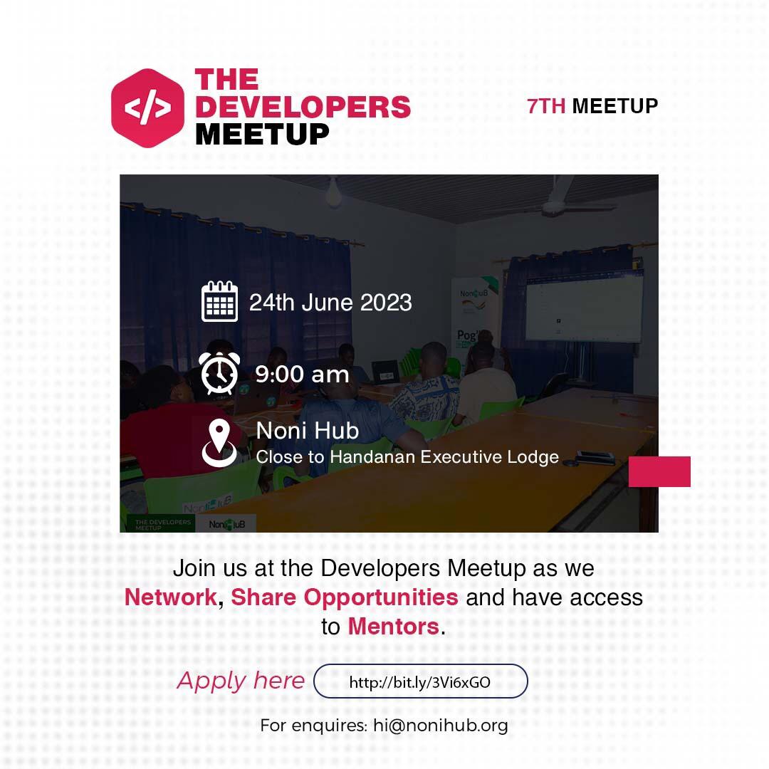 Join us this weekend for our 7th Developers Meetup, where you get to network, learn, and grow! Don't miss out on this opportunity to connect with fellow developers and mentors and take on our code challenges! 
 #nonihub #DevelopersMeetup #hubrelocation #officerelocation