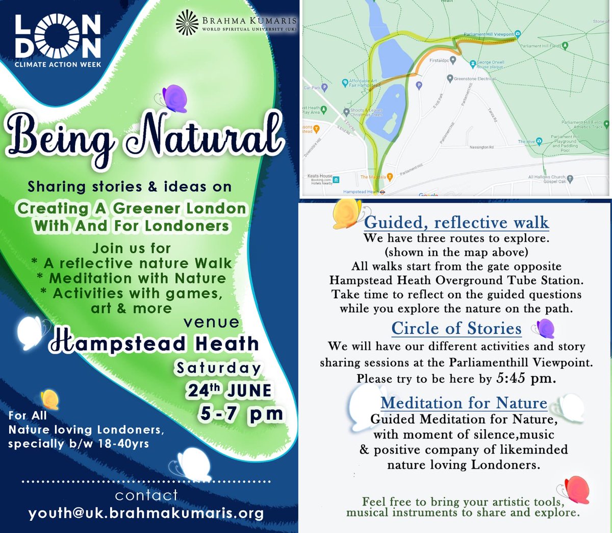 BrahmaKumarisUK's tweet image. Being Natural: Guided Reflective Walk &amp;amp; Meditation for Nature at Hampstead Heath for a Greener London

Saturday 24 June, 5-7pm, meet5pm outside Hampstead Heath Overground Station, South Hill Park, NW3 2QD

#LCAW2023 
@london_climate @AWorld_ActNow @CityCorpHeath @LDN_environment