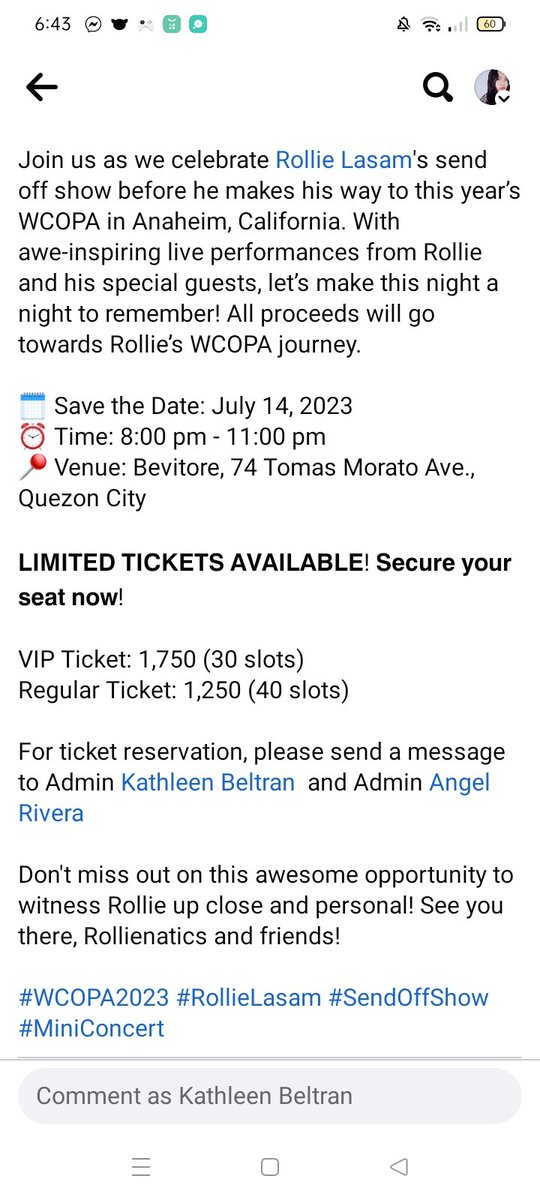 rollienatics's tweet photo. For ticket reservations, please send a message to Admin Kathleen Beltran and Admin Angel Rivera on Facebook.

Don't miss out on this awesome opportunity to witness Rollie up close and personal! See you there, Rollienatics and friends!

#WCOPA2023 #RollieLasam #SendOffShow https://t.co/zjCYKQEwhI