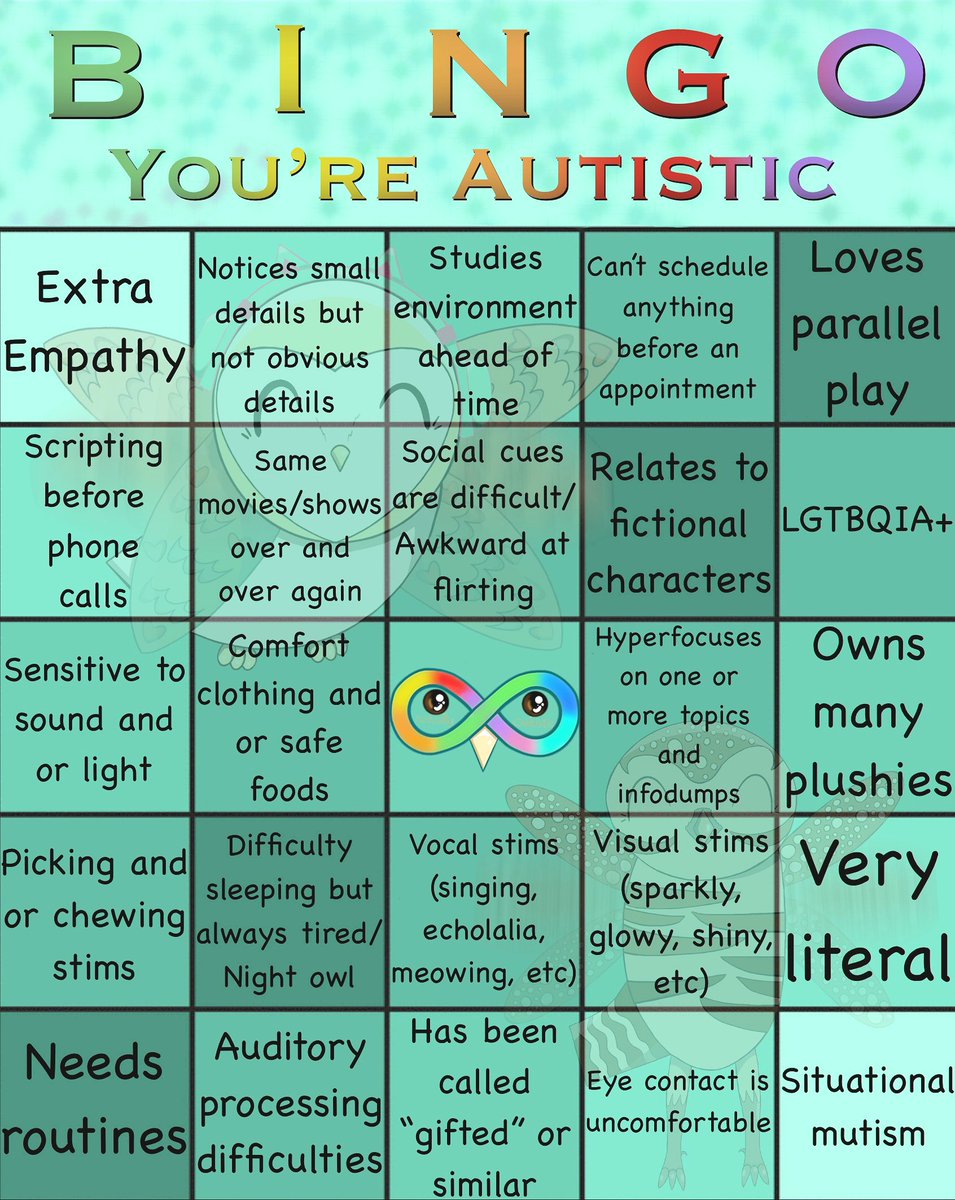 #ActuallyAutistic #ActuallyOwltistic #AutismAcceptance #Autistic #Autism #Neurodivergent #RedInstead #AutisticAdults
#AutisticPride #LGTBQArtist #AutisticWomen #InvisibleDisability #stims #sensoryoverload #routines #literal #empathy #plushies #parallelplay #situationalmutism