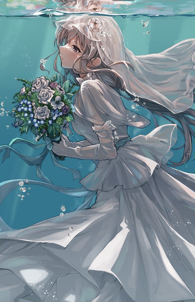 yukoku kiriko 1girl wedding dress bouquet dress veil bridal veil flower  illustration images