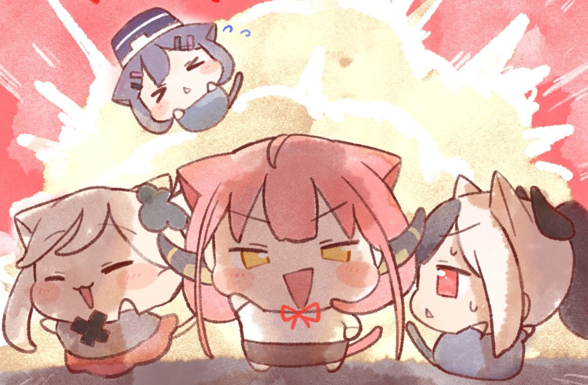 aru (blue archive) ,kayoko (blue archive) ,mutsuki (blue archive) 4girls multiple girls explosion horns chibi animal ears cat ears  illustration images