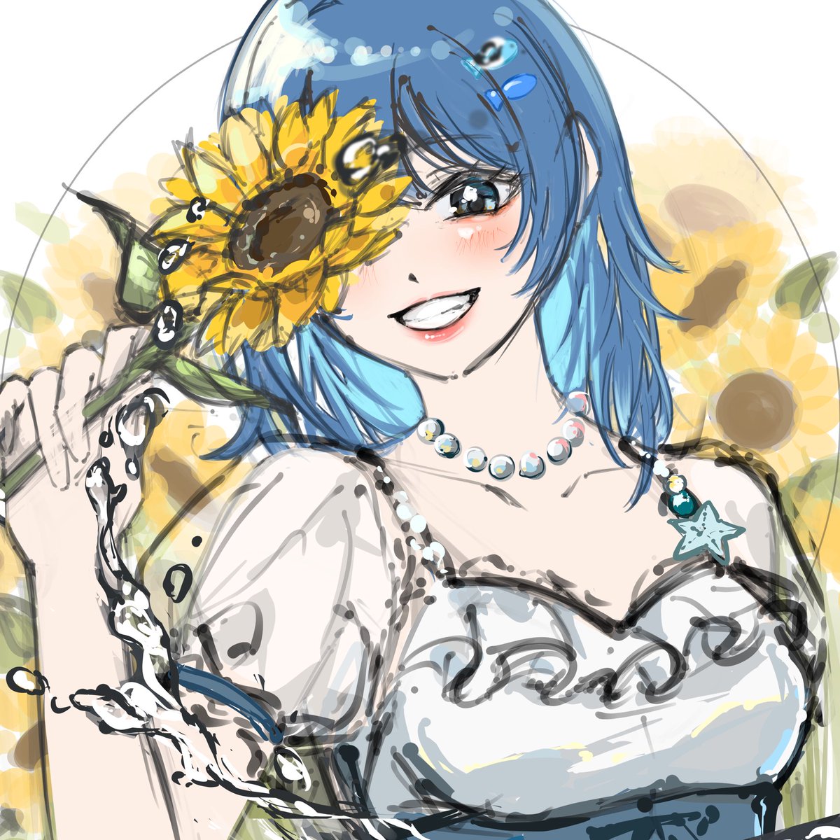 1girl flower solo smile blue hair sunflower one eye covered  illustration images