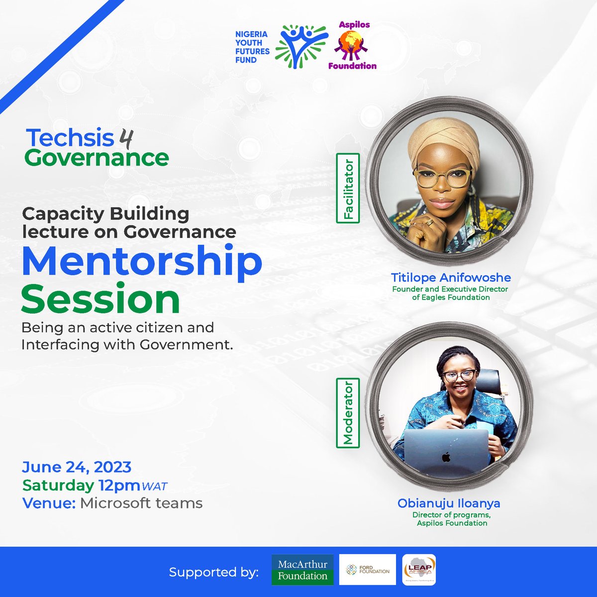 It's mentorship O'Clock.....Mentorship sessions for the TechSis for Governance training begins this Weekend.

Sessions would be facilitated by @d_LegalEagle &
@Wales_c

#Tech4Gov #DigitalGovernance
#TechSolutions #InnovationInGovernance
#GovTech #SmartGovernance
#TechEmpoweredGov