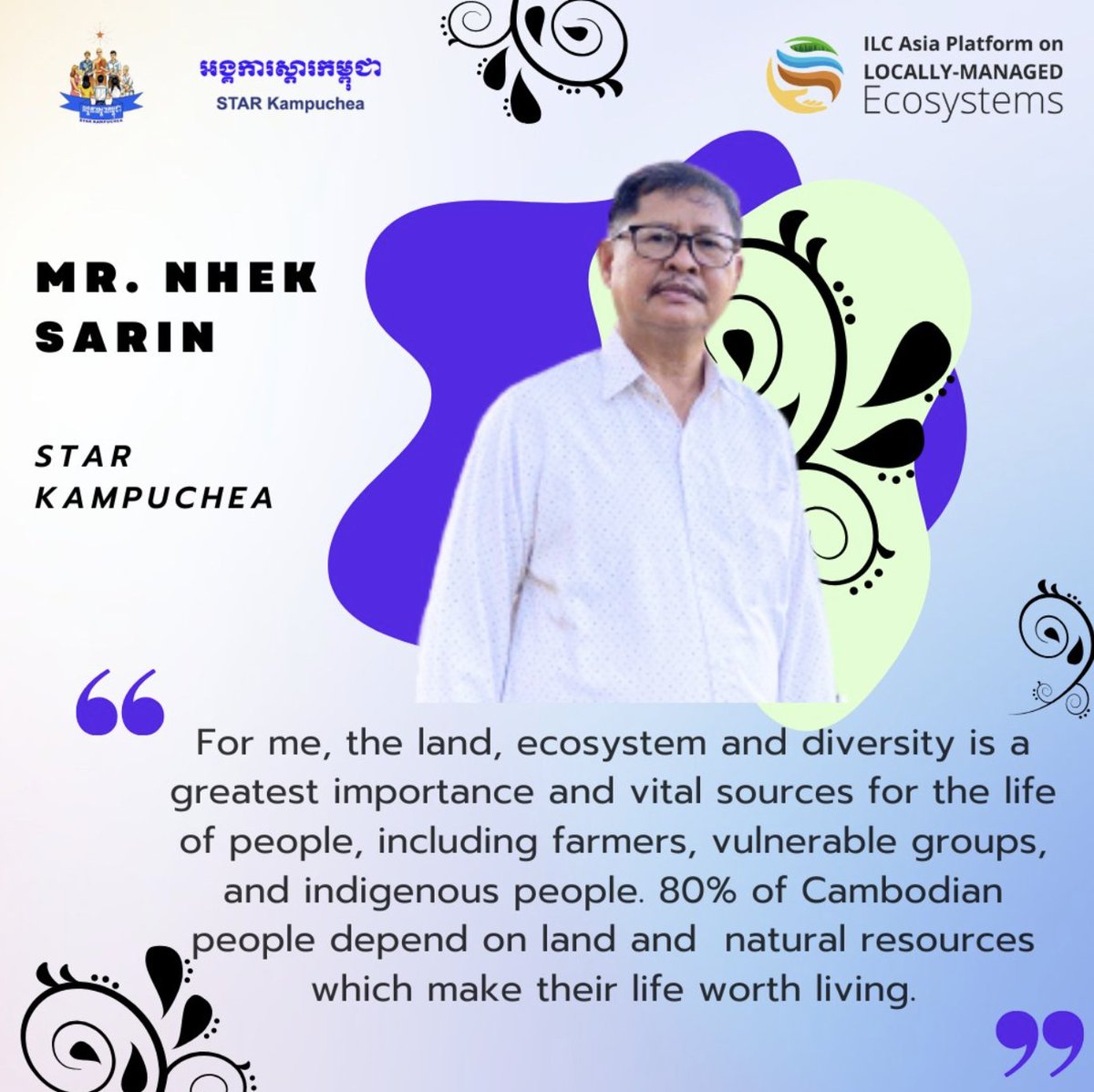 📌ERP Member Spotlight: STAR Kampuchea 's Remarkable Ecosystem Restoration Efforts! 🌾🌏

Meet Mr. Nhek Sarin of STAR Kampuchea-Cambodia, emphasizes on the critical importance of land, ecosystem, and diversity for farmers, vulnerable populations, and #indigenous communities.
