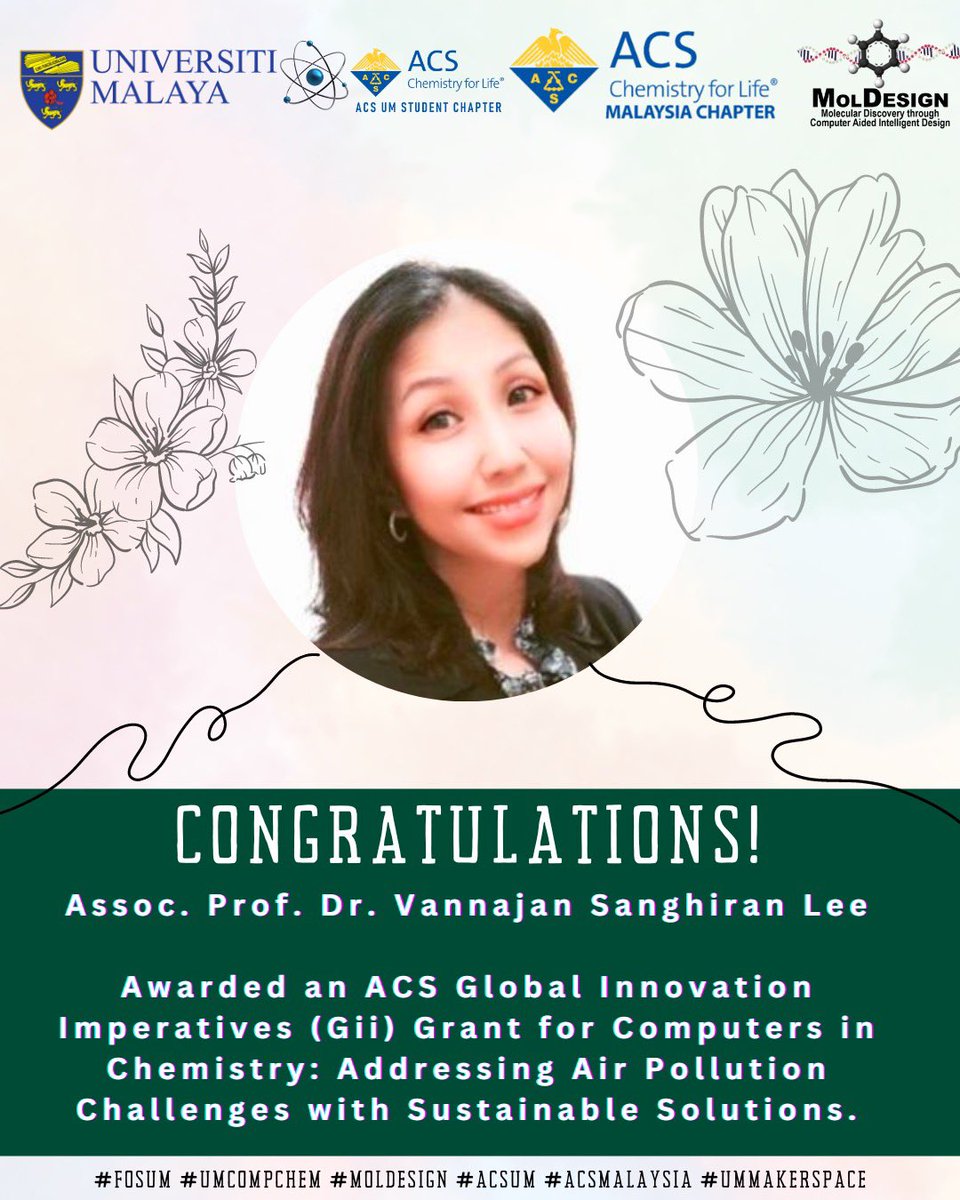 um_acs's tweet photo. Congratulations to our superb advisor Assoc. Prof. Dr. Vannajan Sanghiran Lee Vannajan Sanghiran Lee awarded an ACS Global Innovation Imperatives (Gii) Grant for Computer in Chemistry: Addressing Air Pollution Challenges with Sustainable Solutions.

 #ACSUM #UMCompChem #MolDesign https://t.co/OkLSySNynr