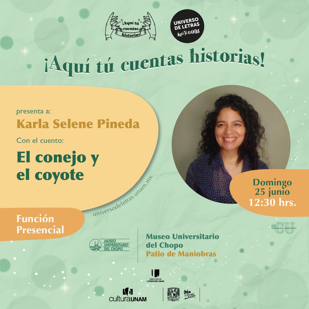 universoUNAM's tweet photo. #AquíTúCuentasHistorias con Karla Selene Pineda y Matilde Samperio

¡Ellas te esperan el domingo en el @museodelchopo y @CasadelLago! https://t.co/CK6UaRsIuU