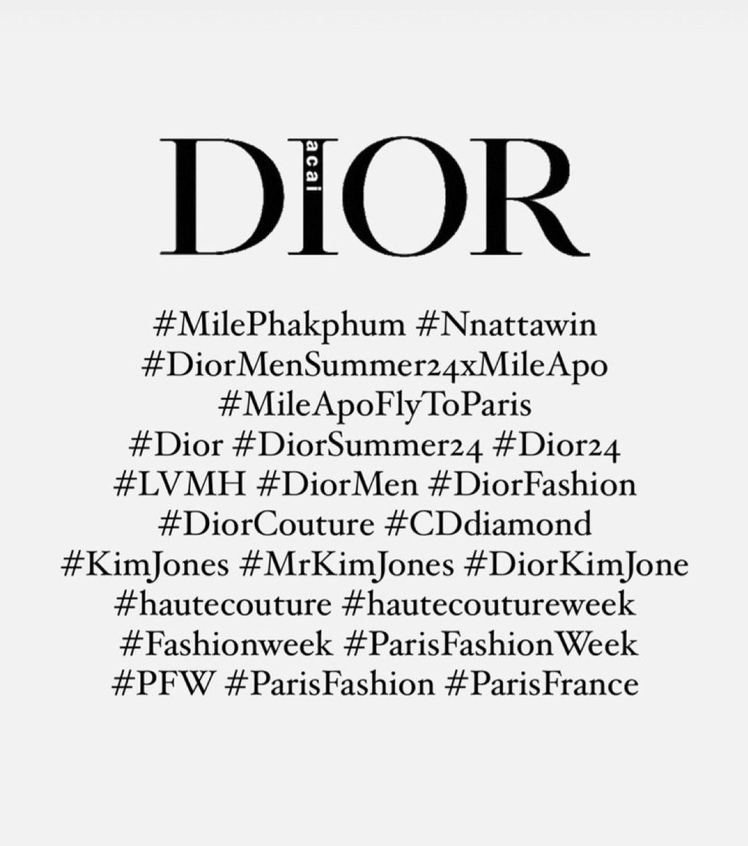 # ในไอจี แปะไว้ 📌
#MilePhakphum #Nnattawin #.DiorMenSummer24xMileApo #MileApoFlyToParis #Dior #DiorSummer24 #Dior24 #LVMH #DiorMen #DiorFashion #DiorCouture #CDdiamond #KimJones #MrKimJones #DiorKimJone
#hautecouture #hautecoutureweek #Fashionweek #ParisFashionWeek #PFW