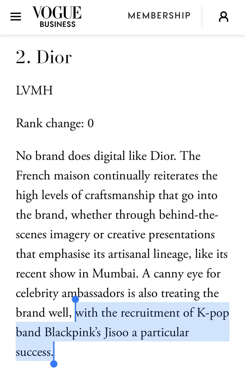 Jisoo is the only ambassador that mentioned by Vogue Business Index of TOP 10 Luxury Brands. 

…the recruitment of K-pop band Blackpink’s Jisoo a particular success.”

voguebusiness.com/companies/loui…