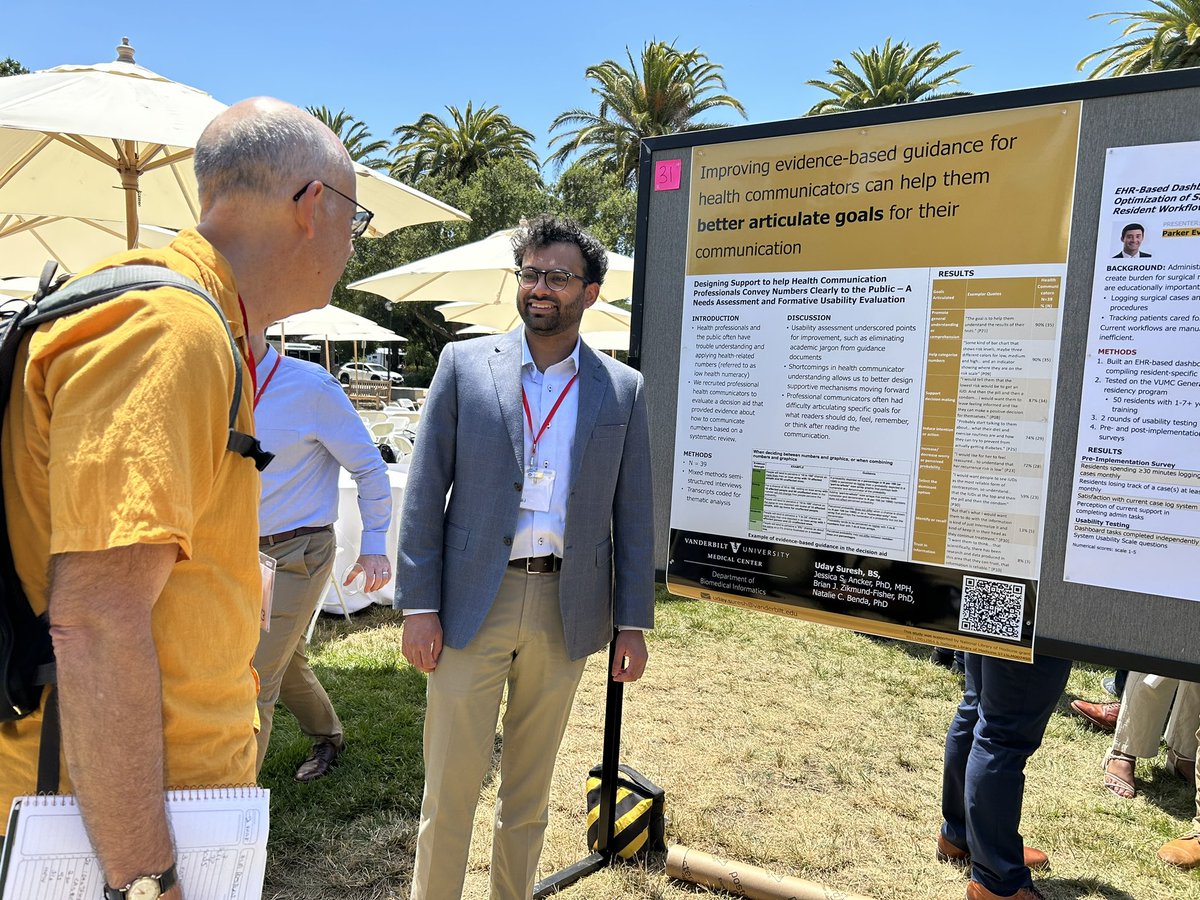 Never been to an outdoor poster session before! My student Uday Suresh  talks numbers at #nlm T15 Training Conference @vumcdbmi <a href="/bzikmundfisher/">Brian Zikmund-Fisher</a> <a href="/nat_benda/">Nat B</a> <a href="/hshoch/">Harry</a>