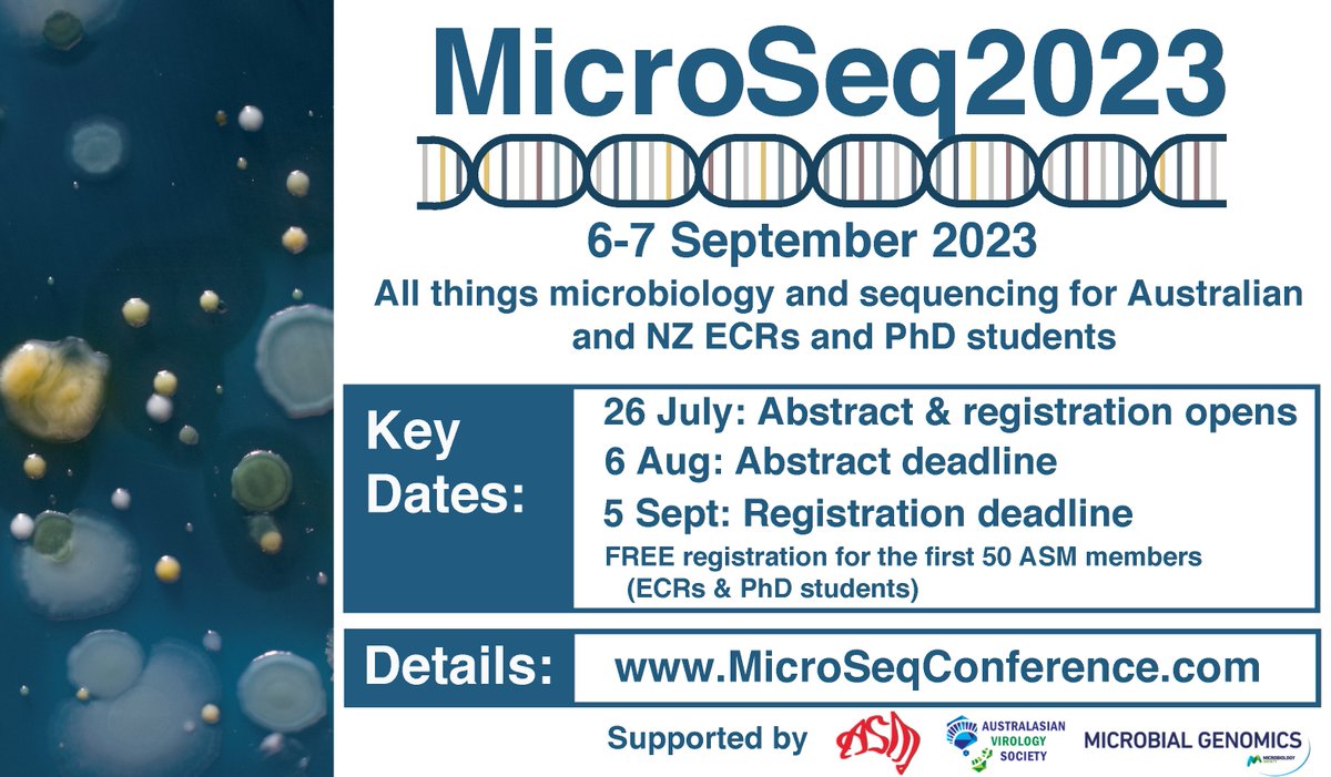 If you are an ECR or PhD student, check out <a href="/AUSSOCMIC/">ASM</a> sponsored conference <a href="/Microseq_ASM/">MicroSeq2025</a> - registration dates and key details in flyer below