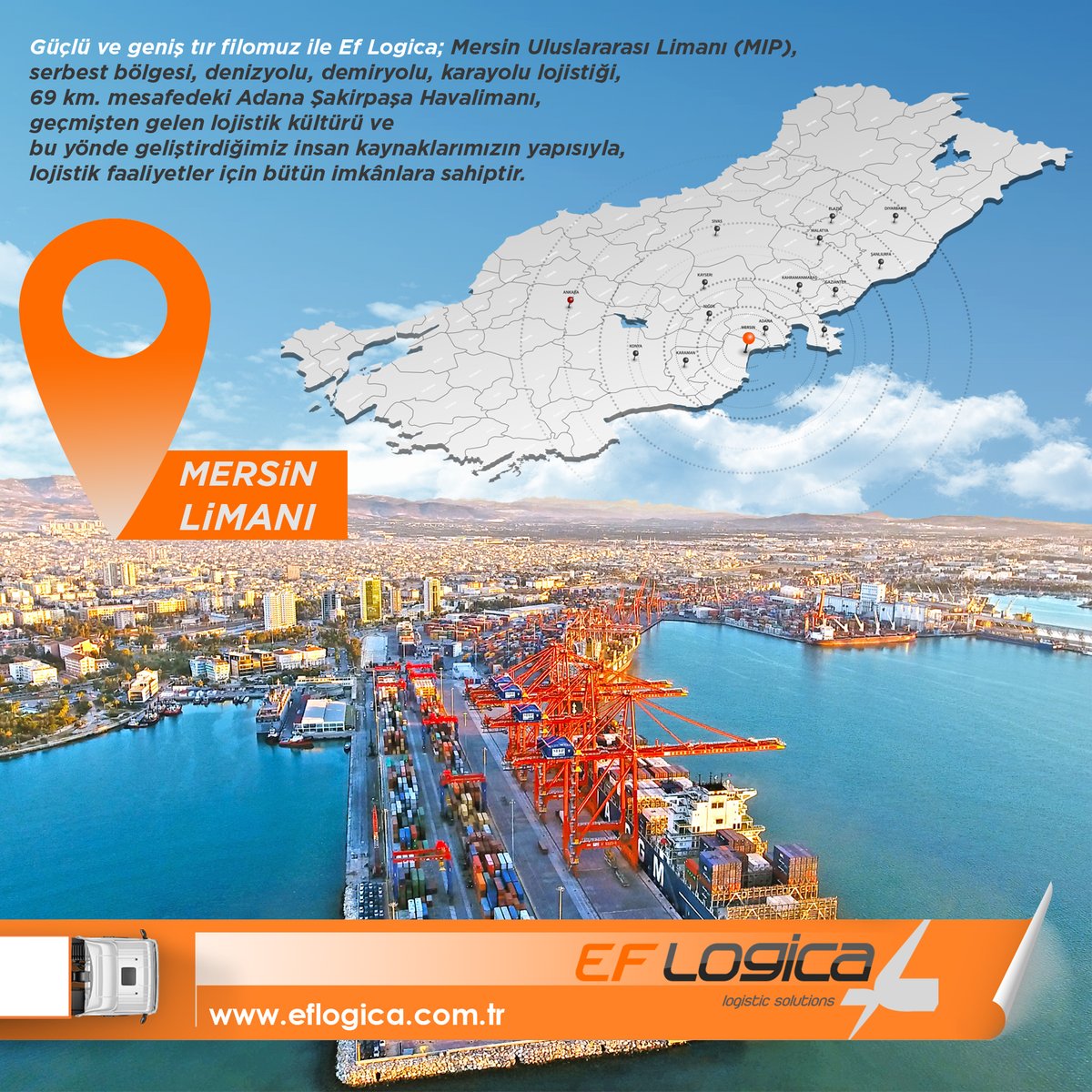 EfeLogistics's tweet photo. Güçlü ve geniş tır filomuz ile Ef Logica; Mersin Uluslararası Limanı (MIP), serbest bölgesi, denizyolu, demiryolu, karayolu lojistiği, geçmişten gelen lojistik kültürü ve bu yönde geliştirdiğimiz insan kaynaklarımızın yapısıyla, lojistik faaliyetler için bütün imkânlara sahiptir. https://t.co/TtbpFtkQUL