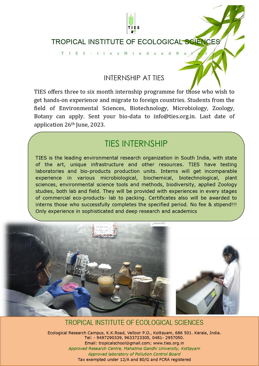 Internship Programme at TIES

#tiesinstitute
#abroad
#handsonexperience
#InternshipProgramme
#environmentalscience
#microbiology
#biotechnology 
#botany
#zoology