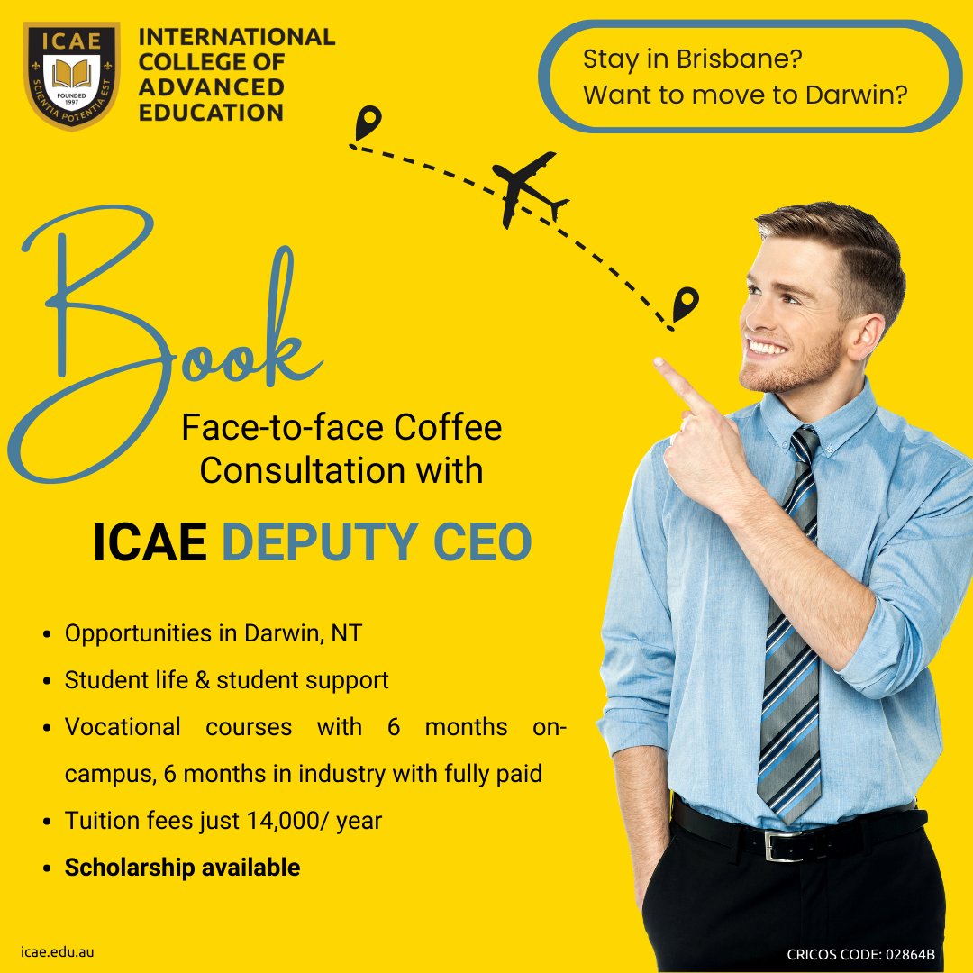 ICAEAustralia's tweet photo. 📅 Schedule a coffee consultation now to secure your spot! You can book your session by: 
☎️ Calling our office 08 8941 5959 to book  
📧 Or, email Mr. Bryan Chapman (DCEO of ICAE) directly at bryan.chapman@icae.edu.au 
Don't miss this incredible opportunity to shape your future! https://t.co/FTNL18MJ3c