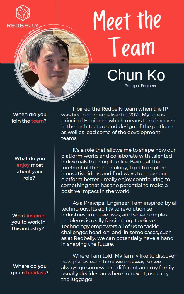 Next up in our Meet the Team series is Chun Ko, one of our Principal Engineers. Chun is part of our Sydney-based team. He is a quiet achiever and a highly valued member of our team.

#redbelly #meettheteam #web3 #defi #transparency