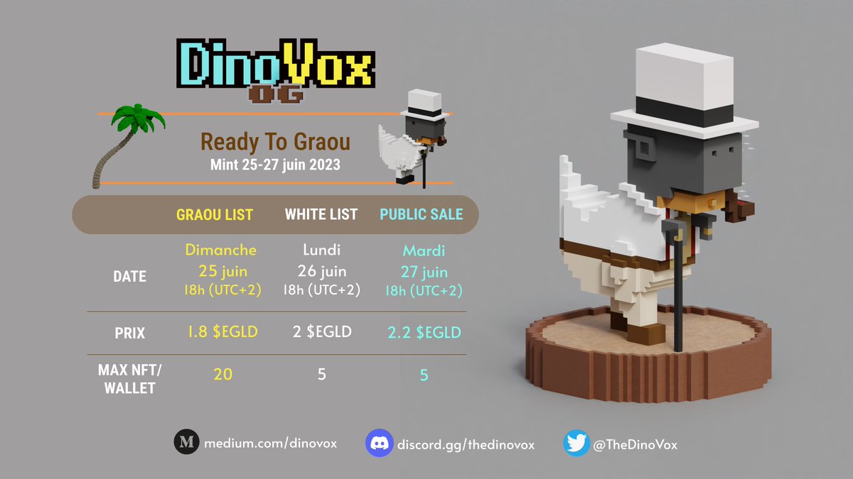 TheDinoVox's tweet photo. WEN DINO MINT SER ??
...ABSOLUTELY SOON !
🦖🦖🦖 GRAOU List : Dimanche 18h (heure FR, UTC+2)
🦖🦖 White List : Lundi 18h (heure FR, UTC +2)
🦖 Public Sale : Mardi 18h (heure FR, UTC+2)
SO, READY TO GRAOU ?
$EGLD #MultiversX #NFT https://t.co/hOkEaALDff