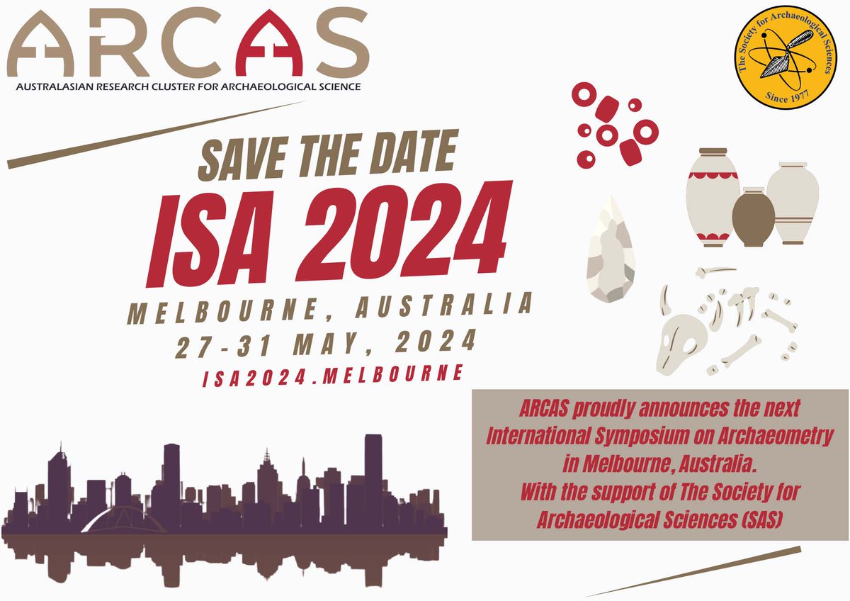 The International Symposium on Archaeometry (ISA), hosted by the University of Melbourne will be 27th - 31st May 2024. Please put it in your calendar and start thinking about posters and papers! Abstract Deadline November 15, 2023

#archaeologicalscience #ISA2024