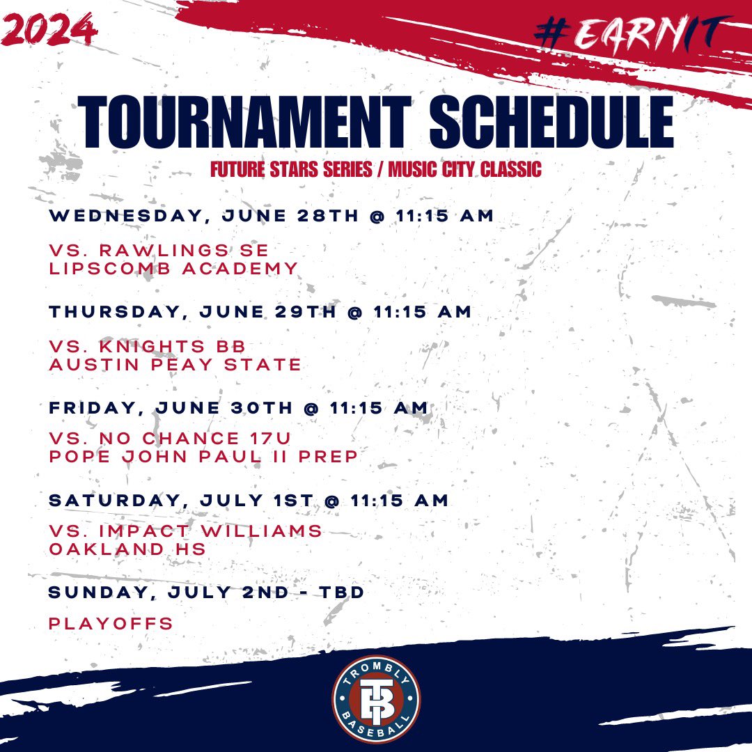 Here is the @tromblytribe 2024 Grads roster and schedule for the @ftrstarsseries @MusicCityBB next week in Nashville, TN. 

#EarnIt