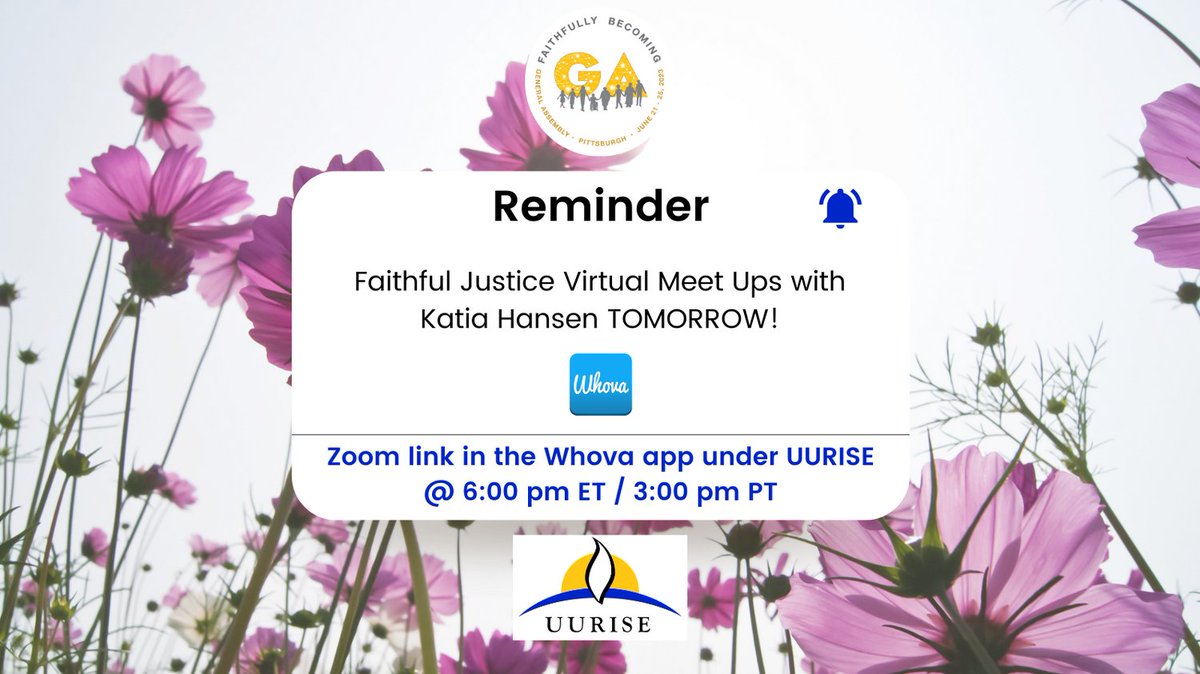 UURISE's tweet photo. Remember to attend our UUA GA meet up TOMORROW!

Zoom link in the Whova app under UURISE @ 6:00 pm ET / 3:00 pm PT. https://t.co/RlWbu4EOFO