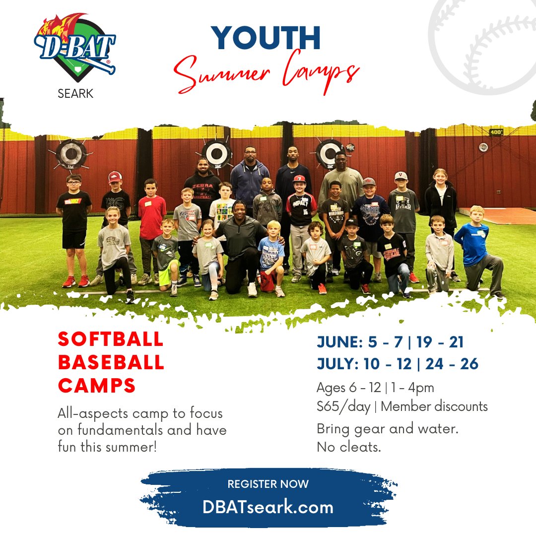 Be sure to register for our baseball and softball Summer camps! Summer is the perfect time to improve your hitting, fielding, pitching and more while having fun with friends. DBATseark.com #itswheretheplayersgo