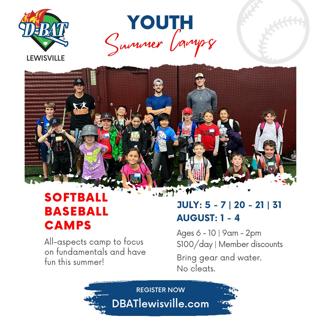 Be sure to register for our baseball and softball Summer camps! Summer is the perfect time to improve your hitting, fielding, pitching and more while having fun with friends. DBATlewisville.com #itswheretheplayersgo
