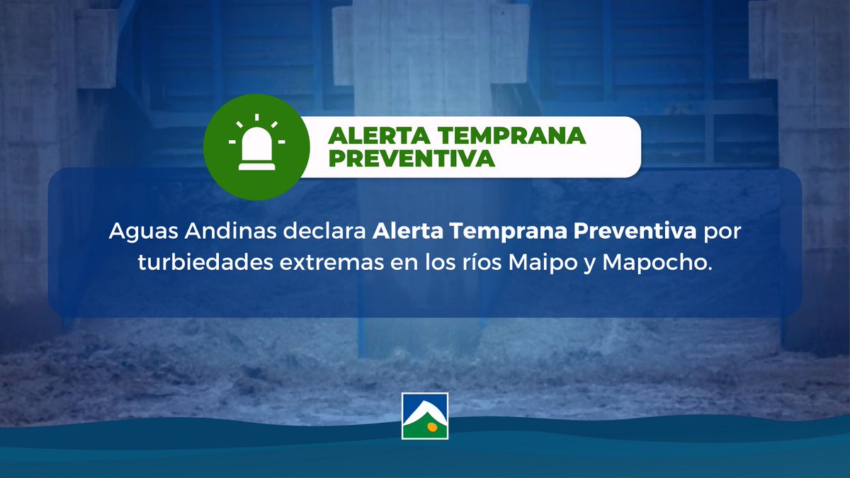 ⚠️ Debido a las altas turbiedades registradas en los cauces de los ríos Maipo y Mapocho, lo que ha impedido la normal producción de agua potable y la detención de plantas que se abastecen de ambos, se declara Alerta Temprana Preventiva.

➡️ bit.ly/3Ps1ymX