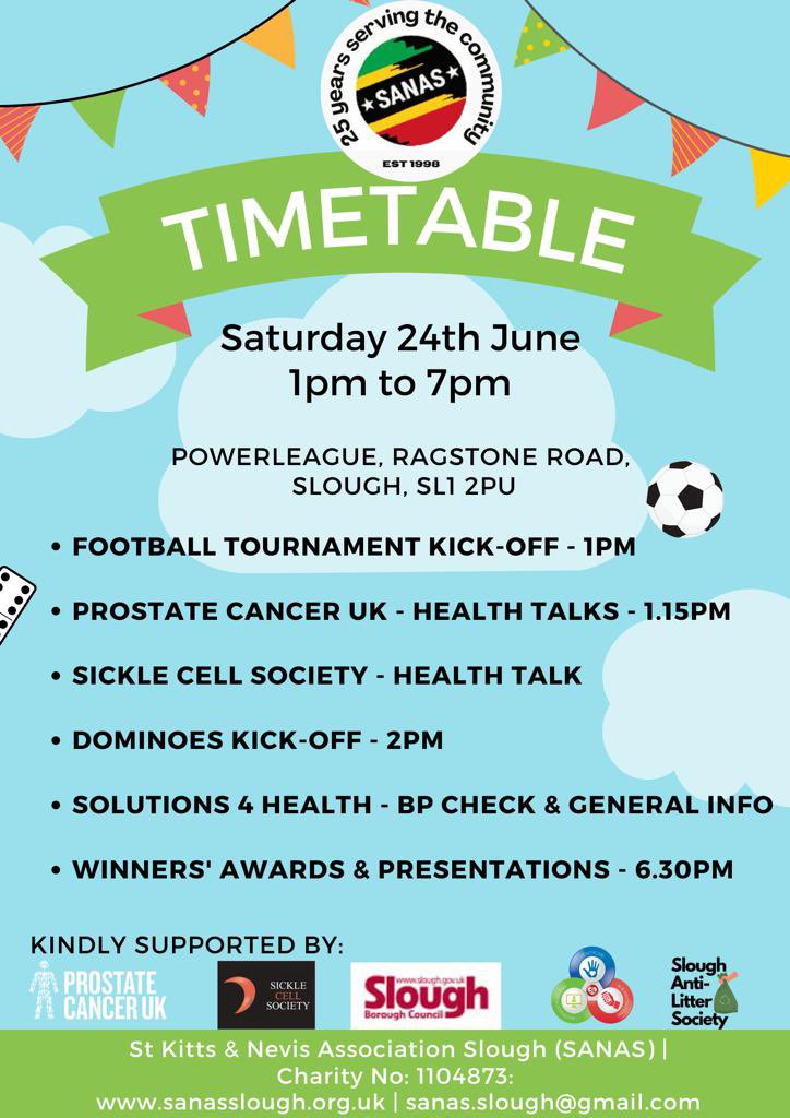 SANASSlough's tweet photo. We are raising funds to host a Christmas lunch for the elders in our community. 

As well as sunshine there will be lots to eat &amp; drink, stalls to browse and a great community spirit! ☀️⚽️🎉
 #Caribbean #fundraiser #community #healthawareness #fabfood #stalls #24thJune #Slough https://t.co/xQnWrplKiz