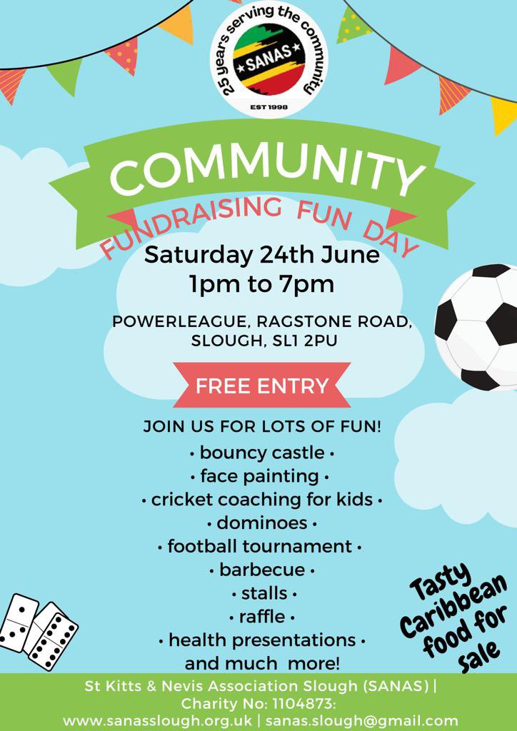 SANASSlough's tweet photo. We are raising funds to host a Christmas lunch for the elders in our community. 

As well as sunshine there will be lots to eat &amp; drink, stalls to browse and a great community spirit! ☀️⚽️🎉
 #Caribbean #fundraiser #community #healthawareness #fabfood #stalls #24thJune #Slough https://t.co/xQnWrplKiz