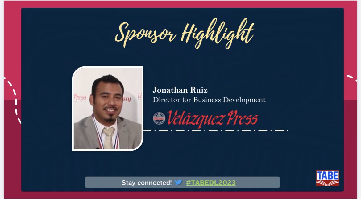 TA4BE's tweet photo. Many thanks to @summit_k12 and #VelázquezPress for sponsoring TABE’s 2nd Annual Virtual #DualLanguage Symposium! If you couldn’t attend, you can still register to watch the recordings this summer: 12 hours of outstanding PD! #TABEDL2023 To register, go to https://t.co/wAkcnq6OkS https://t.co/1OSE0hDcS5