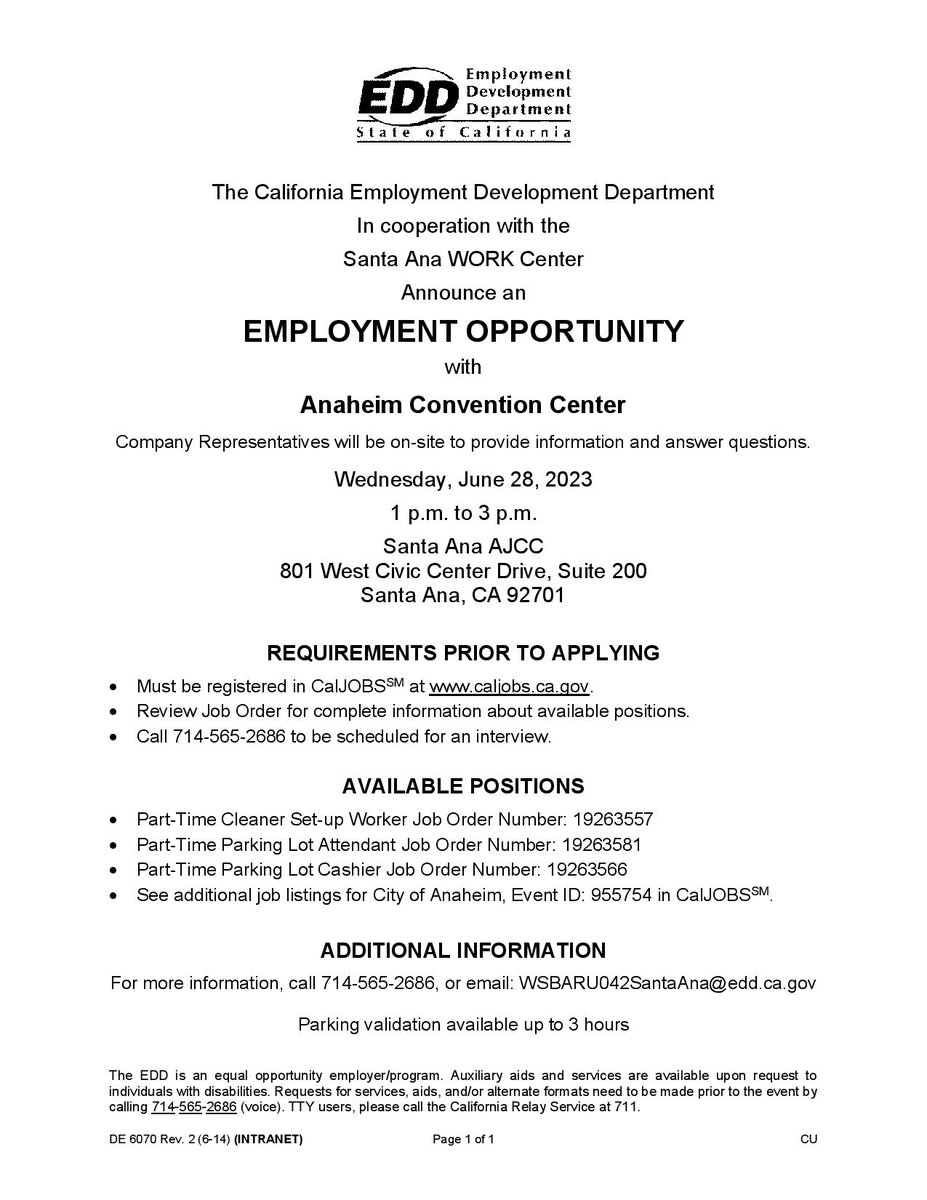 saWORKcenter's tweet photo. Are you looking for a job? Stop by the WORK Center next week and join us!

Anaheim Convention Center Recruitment
Date: June 28,  2023
Time: 1 pm-3 pm
Location: Santa Ana WORK Center 801 West Civic Center Drive, Suite 200 Santa Ana, CA 92701

#santaanaworkcenter #OCJobs https://t.co/2YHeigsktP