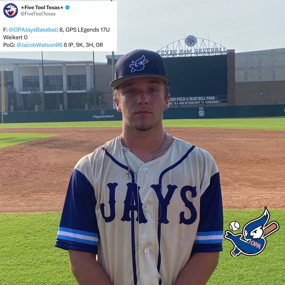 carsonlee_5's tweet photo. Congratulations to Jacob Watson 24’ (@JacobWatson06) for earning @fivetooltexas Player of the Game honors after a dominating complete game performance for the JAYS

6 IP, 9 K, 3 H, 0 R, CG, W

Jacob’s 3rd POG of the Summer 

Cy Ranch High School
Class of 2024
3B / RHP
Uncommitted https://t.co/8DrhGpJxWh