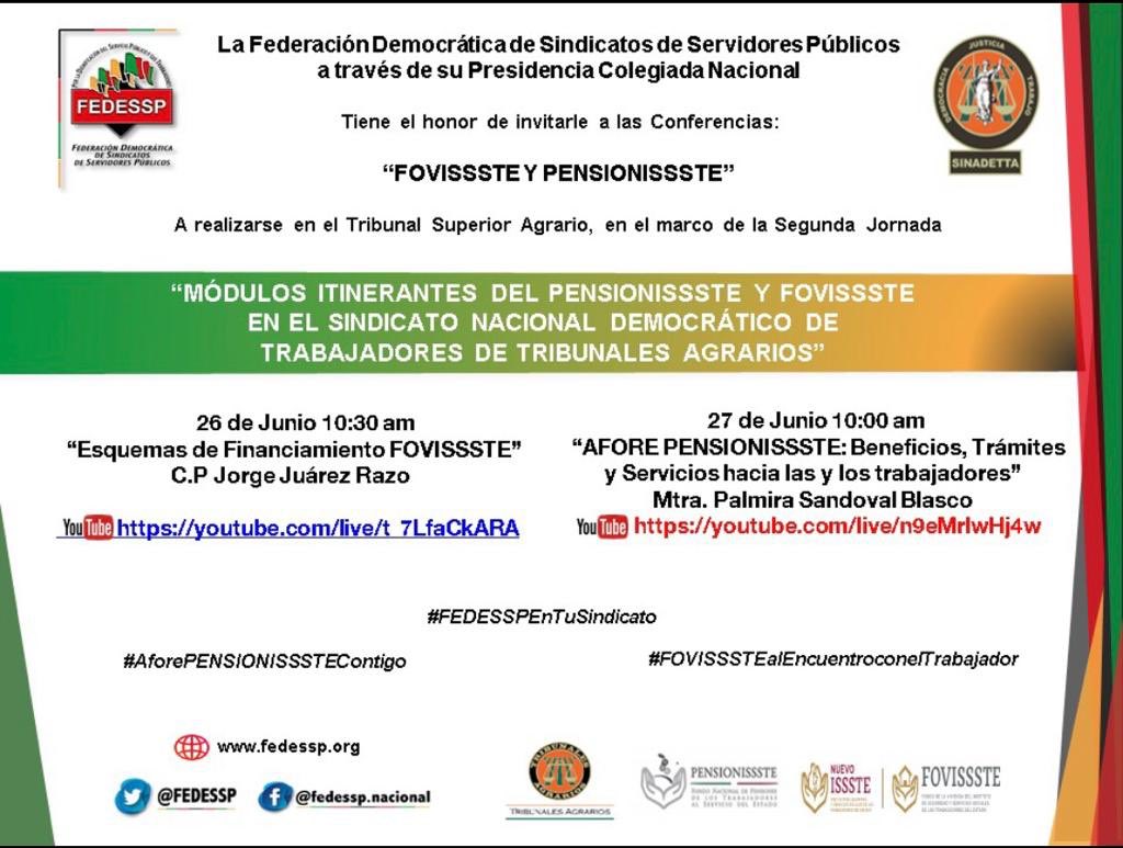 La @FEDESSP a través de su #PresidenciaColegiadaN4 les extiende una cordial invitación! 

Créanme, contaremos con los mejores en los temas de <a href="/FOVISSSTEmx/">FOVISSSTE</a> y el <a href="/PENSIONISSSTE_/">AFORE PENSIONISSSTE</a> 

No se la pierdan!
#Lunes26FOVISSSTE
#Martes27PENSIONISSSTE

Difundan por favor! 
#SomosFEDESSP 🇲🇽