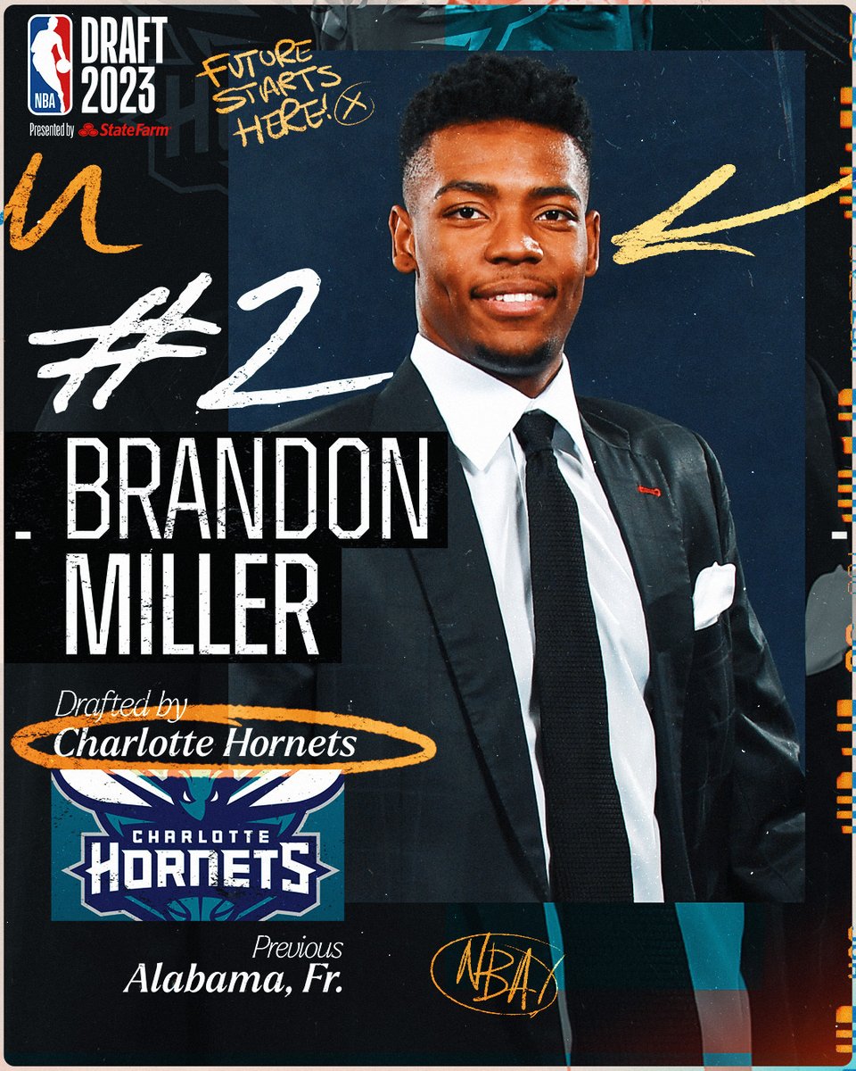 NBA's tweet photo. With the 2nd pick of the NBA Draft, the @hornets select Brandon Miller!

2023 #NBADraft presented by State Farm on ABC &amp; ESPN. https://t.co/9YkACvdaby