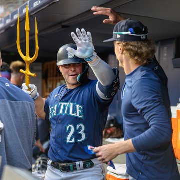 Ty France and Bryce Miller celebrating after Ty's home run vs. the Yankees. 