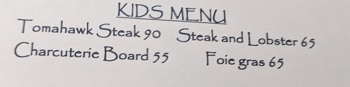 BenPetru's tweet photo. @ohhusson I have never heard of a tomahawk steak until I saw one on a kids menu yesterday for $90. Spoiler alert I did not get that or the $55 carrots and celery https://t.co/f3CM3xB811