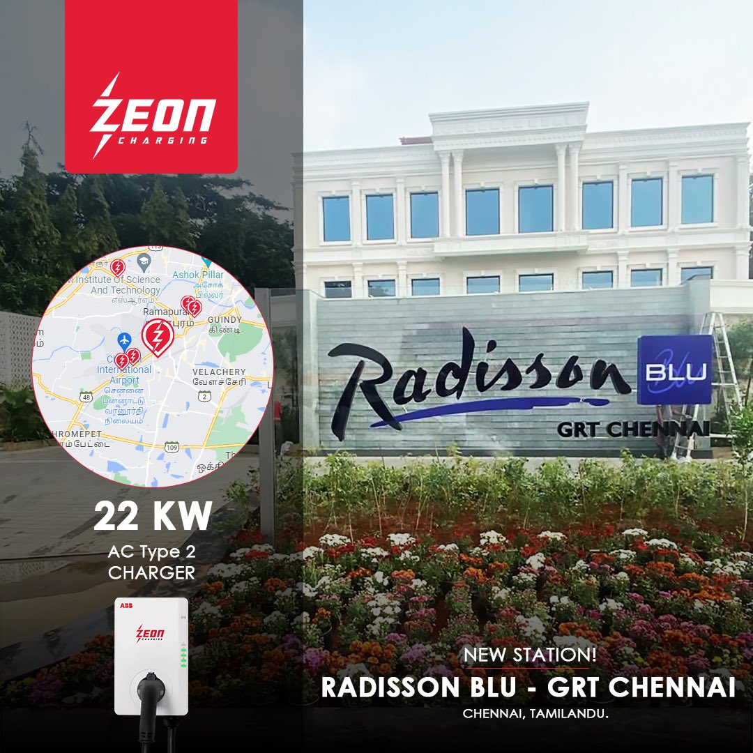 HitenderV's tweet photo. One more #ABB #TerraAC #DestinationCharger on #ZeonCharging at #Chennai

Location : Radisson Blu-GRT Chennai, Meenambakkam, Chennai, Tamil Nadu
Map Coordinates : https://t.co/u1DdgZQbKy
Amenities : Restaurant, Cafe & Rooms

Download #ZeonCharging app and start charging ! 

#ElectricVehicles #evcharging #Sustainability #missiontozero